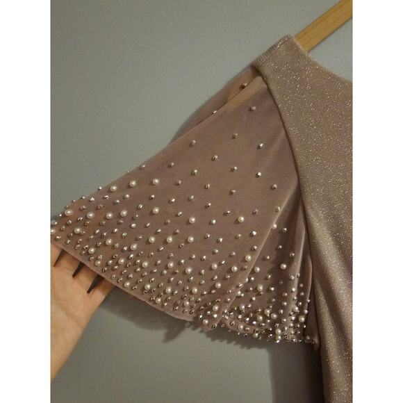 Alex Evenings Metallic Embellished Flutter Sleeve Boat Neck Ruched Waist  Gown 4 - Picture 7 of 9